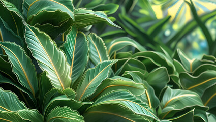 Background completely filled with green leaves of tropical plants, Generative AI
