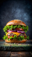 Fresh tasty burger on dark background AI image