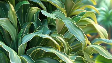 Background completely filled with green leaves of tropical plants, Generative AI
