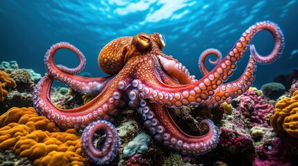 Obraz premium Octopus resting on coral reef underwater.