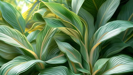 Background completely filled with green leaves of tropical plants, Generative AI
