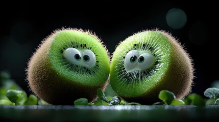 Two kiwi fruit halves with large cartoon eyes are close together, expressing a playful and whimsical emotion as they sit on a dark green background.
