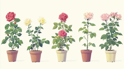 Fototapeta premium Colorful Collection of Roses in Pots on a Light Background