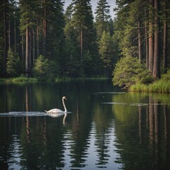 A graceful swan gliding across a calm lake surrounded by towering pines.
