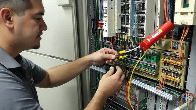 Electrician testing electrical panel with voltage tester