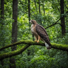 A hawk perched on a high branch surveying a lush green forest below.