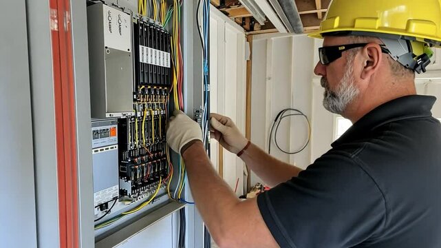 Electrician working on a fuse box in a building under construction