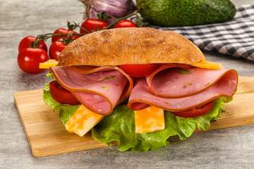 Sandwich ciabatta with mortadella and cheese