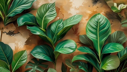 Background completely filled with green leaves of tropical plants, Generative AI

