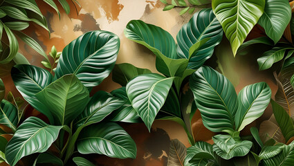 Background completely filled with green leaves of tropical plants, Generative AI
