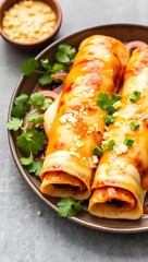 Mexican enchilada dish with sweet potatoes, corn, tomato salsa, black beans and cheese