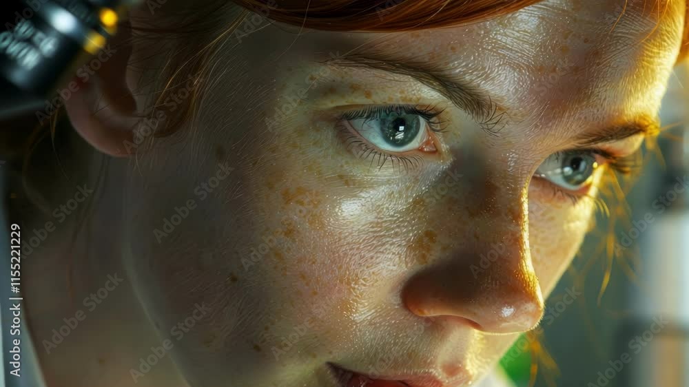 Aufkleber a scientist peers through a microscope discovering a world of tiny creatures on her subatomic safari