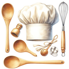 A kitchen Wooden whisk scoop and spoon rolling pin.