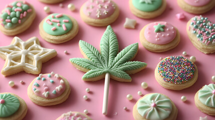 Fototapeta premium A bunch of cookies with a green leaf on top of a pink background. The cookies are decorated with sprinkles and the leaf is made of chocolate
