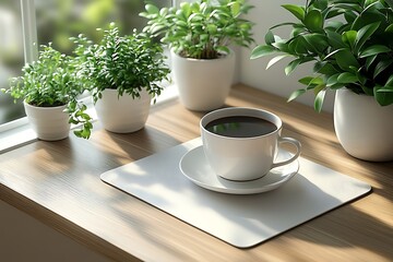 Workplace with computer, mouse  and plant on wooden table