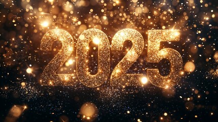 2025 Sparkling Golden Text with Glitter, Fairy Lights, and Confetti on a Luxurious Gradient Background