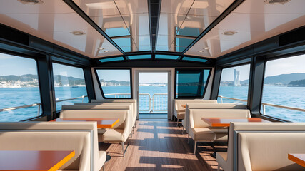Modern ferry lounge interior with spacious seating, tables, and wide glass windows overlooking the water. Generative AI