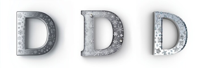 3d font design christmas theme concept. Three metallic letters "D" arranged in a row, showcasing a decorative, textured design, perfect for artistic or design-related themes.