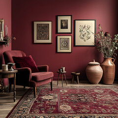 living room interior in burgundy tones, with carpet, armchair, frames on the wall and cozy decorations