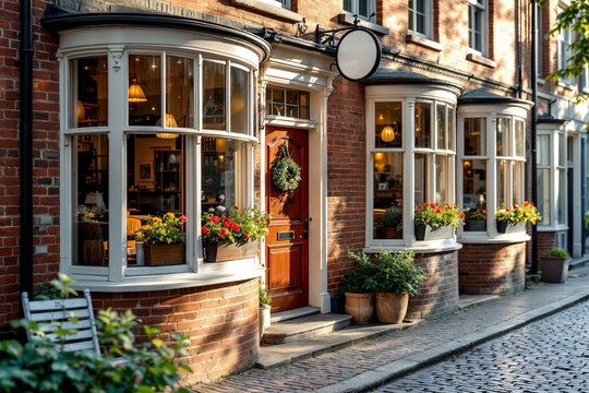 Charming Guesthouse Facade with Bay Windows, Flower Pots, and Cobblestone Street