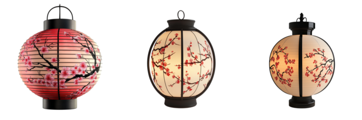 set of A Chinese-style lantern with a plum blossom pattern on the glass surface of the lamp body, black metal frame with red details, PNG format Transparent Background