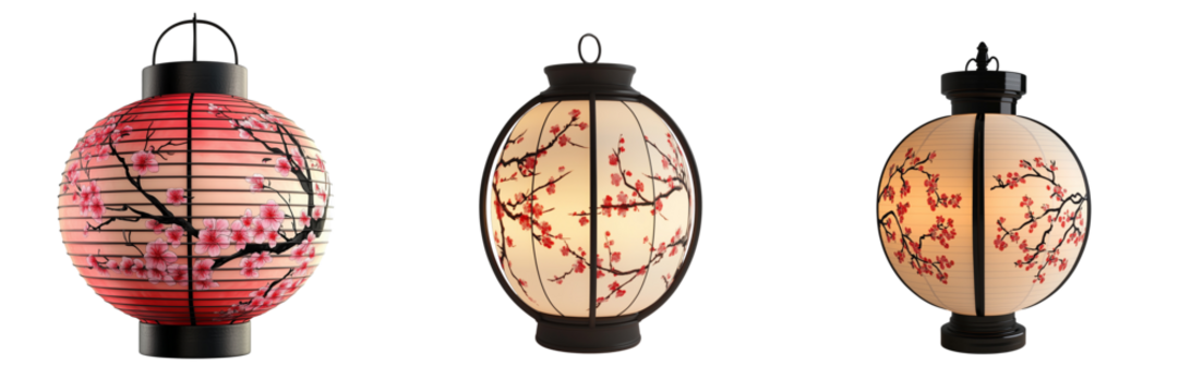 set of A Chinese-style lantern with a plum blossom pattern on the glass surface of the lamp body, black metal frame with red details, PNG format Transparent Background - Powered by Adobe