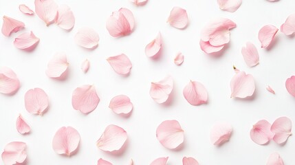 Minimal styled concept. Pale pink flower petals and bud on white background. Creative lifestyle, summer, spring concept. Copy space, flat lay, top view
