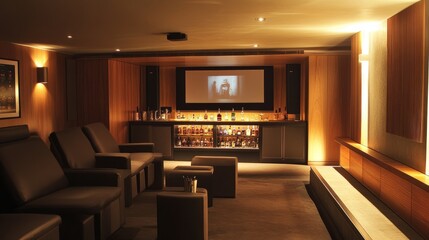 Fototapeta premium A contemporary basement featuring a home theater system, minimalist seating, and a compact, well-organized mini-bar