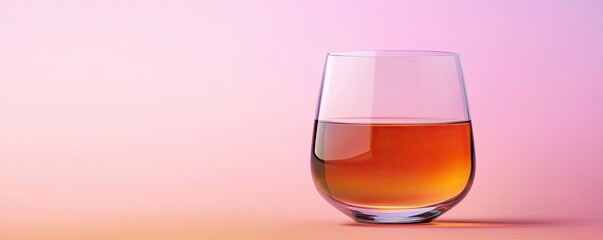 A glass filled with amber-colored liquid, sitting against a soft pink gradient background.