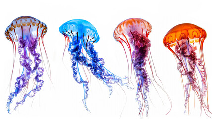 Fototapeta premium Multicolored jellyfish on a clean white background