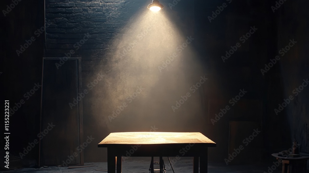 Poster a dramatic scene with a single spotlight illuminating the center, highlighting bold textures and cre