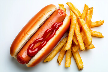 Selective focus hotdog with french fries isolated on white background, Fast food concept with hotdog and fries on white.
