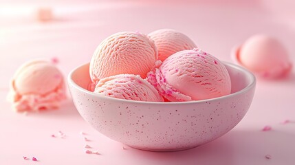 Different flavor ice-cream scopes in bowl isolated on light pink background, 4k Resolution 