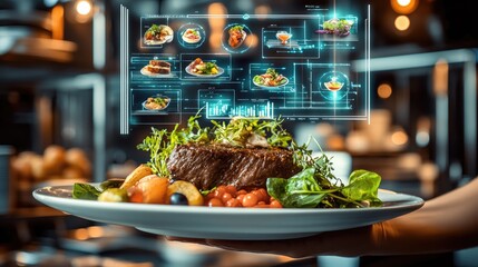 Food trends fusion concept. A futuristic dish presentation with digital overlays showcasing various menu items, highlighting culinary art and technology in a vibrant dining setting.