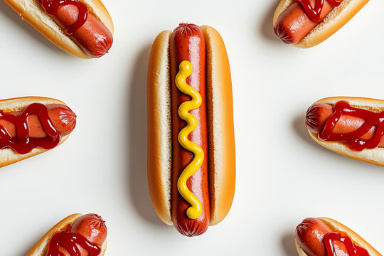 Top view random pattern of hotdog with bun isolated on white background, Selective focus hotdog with mustard and ketchup on white, Seamless pattern background of hotdog.
