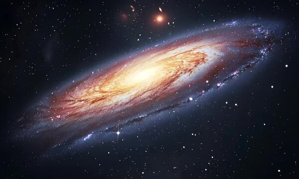Andromeda galaxy glow surrounded by countless stars video animation. Radiant cosmos, galactic formation cosmic animated footage HD clip seamless motion graphics. Outerspace concept