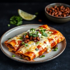 Mexican enchilada dish with sweet potatoes, corn, tomato salsa, black beans and cheese