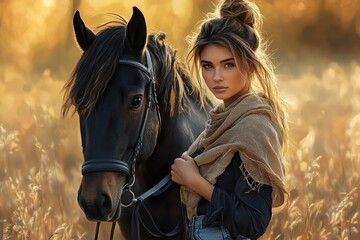 Obraz premium Golden hour light gently illuminates girl and her horse, capturi