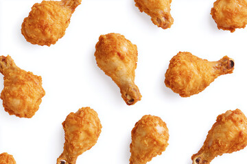 Crispy golden fried chicken drumstick seamless pattern background, Fried chicken drumstick random pattern isolated on white background.