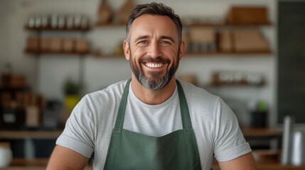 Obraz premium smiling man in apron, showcasing warm and welcoming atmosphere in cafe. His friendly demeanor invites customers to enjoy their experience.