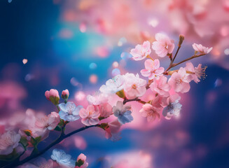 Delicate pink and white blossoms on a branch, petals falling against a dreamy, colorful sky.  A tranquil scene evoking springtime and serenity.