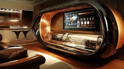 Fototapeta premium A modern basement entertainment room with a curved TV, leather couches, and a fully stocked glass-paneled mini-bar