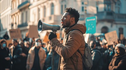 Black man with a megaphone at a protest demanding his constitutional rights