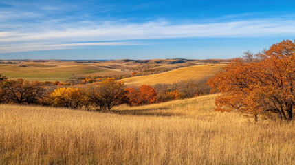 Fototapeta premium Beautiful autumn landscape with colorful trees in a meadow under a blue sky