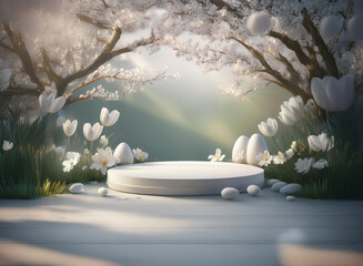 Serene Easter scene: a white circular podium nestled amongst blossoming trees, white tulips, and speckled Easter eggs.  Soft light filters through the branches, creating a peaceful atmosphere.
