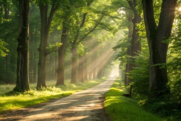 Obraz premium Scenic footpath through a lush forest with green trees and vibrant foliage in the summer