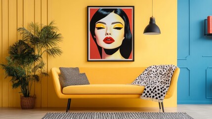 A vibrant living room featuring a yellow couch and a striking art piece of a woman.