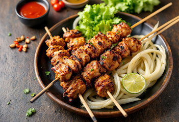 Asian meat and chicken skewers with dipping sauces and vegetables, satai or satay