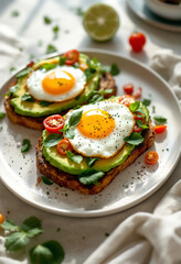 Avocado toasts for breakfast with fried egg and heirloom tomatoes, healthy food