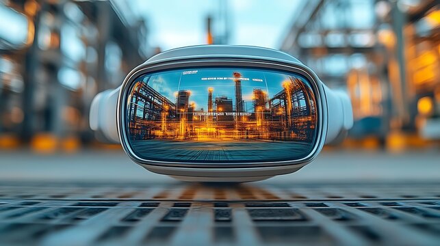 VR headset reflecting industrial plant. - Powered by Adobe